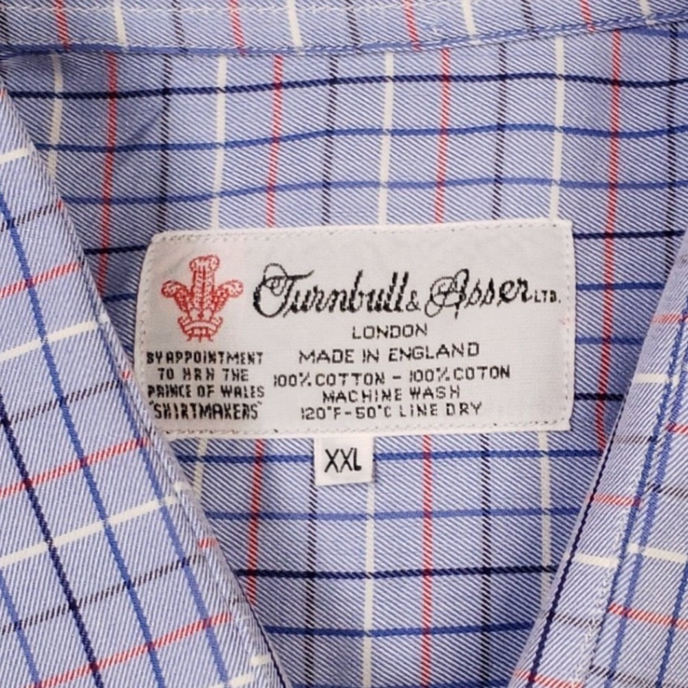 Turnbull and Asser Button Down Shirt Men XXL Blue Check Plaid Cotton England - Picture 8 of 8